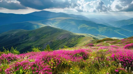 Obraz premium mountain view at beautiful summer sunset with pink rhododendron flowers