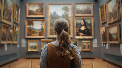 
portrait of an adult woman looking at museum paintings in an old museum art gallery