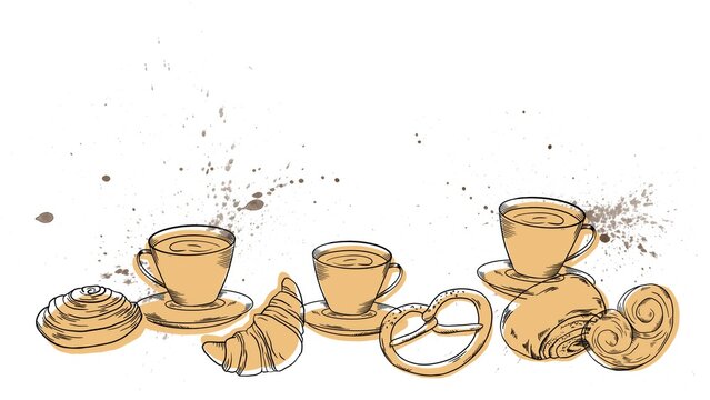 Bakery handpainted illustrations set animation banner black and white beige coffee, buns, beans cake, donut, maffin, cookie, cappuccino, latte