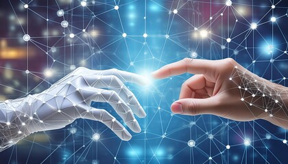 human hand delicately touching metallic robot hand on big data network background, concept of human and AI coexistence
