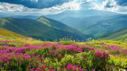 Fototapeta na wymiar mountain view at beautiful summer sunset with pink rhododendron flowers