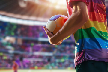 Football soccer player wearing gay pride LGBTQ rainbow flag holding a ball in a stadium
