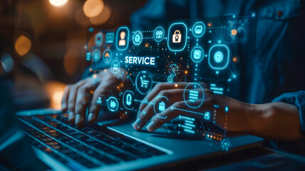 Service Tech Interface: Person in blue shirt uses a laptop with floating icons like a team symbol, wrench, and handshake, indicating management of customer service and professional services.