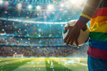 Football soccer player wearing gay pride LGBTQ rainbow flag holding a ball in a stadium - obrazy, fototapety, plakaty