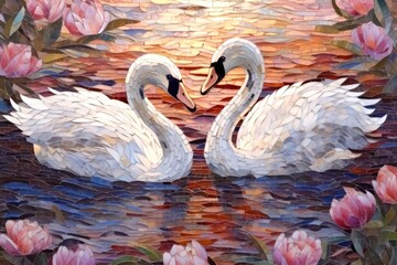Couple swan lake art painting bird.