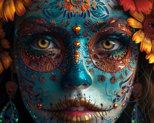 Produce a striking digital rendering of a womans face with intricate skull-inspired makeup, exploring vivid colors and intricate details in a hyperrealistic style