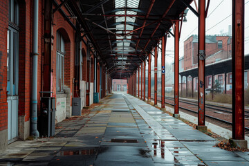 Abandoned train station in the city center, with red brick walls, metal roof structure, empty