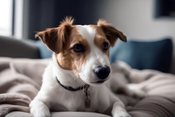 'russell sofa furry molt jack playing season dog shedding hair annual spring playful furniture messy animal pet canino mammal mascot humor funny cute domestic life home during terrier small mischief'