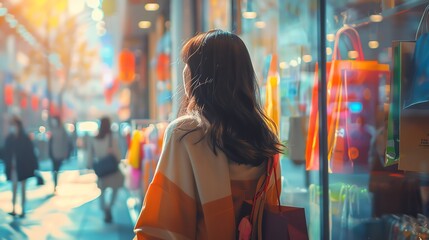 Scene of a trendy Asian woman enjoying a shopping spree, carrying colorful bags and looking at window displays in a bustling urban mall - obrazy, fototapety, plakaty