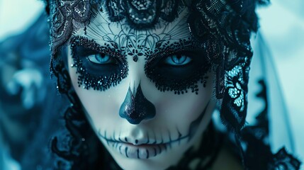 Stylish woman wearing intricate skull makeup, adorned with black lace and silver accents, evoking a mysterious aura - obrazy, fototapety, plakaty