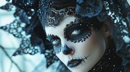 Stylish woman wearing intricate skull makeup, adorned with black lace and silver accents, evoking a mysterious aura - obrazy, fototapety, plakaty