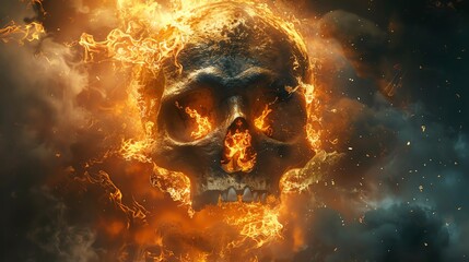 Surreal image of a skull crackling with intense fire, surrounded by the tormented souls of hell, creating a powerful visual metaphor - obrazy, fototapety, plakaty