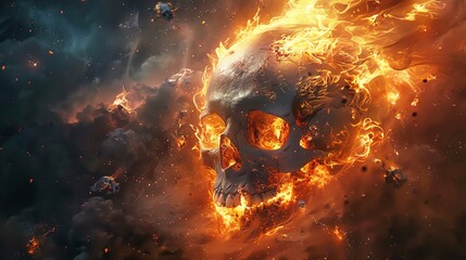 Surreal image of a skull crackling with intense fire, surrounded by the tormented souls of hell, creating a powerful visual metaphor
