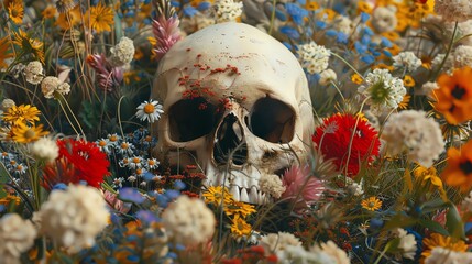 Surrealistic image of a skull partially buried under a carpet of vivid wildflowers, symbolizing life and death - obrazy, fototapety, plakaty