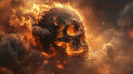 Surreal image of a skull crackling with intense fire, surrounded by the tormented souls of hell, creating a powerful visual metaphor - obrazy, fototapety, plakaty