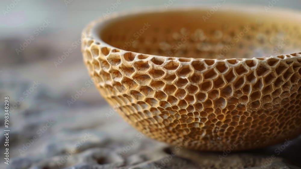 Aufkleber A bowl is adorned with tiny indented dots created by pressing a comblike tool into the clay to mimic a honeycomb texture..