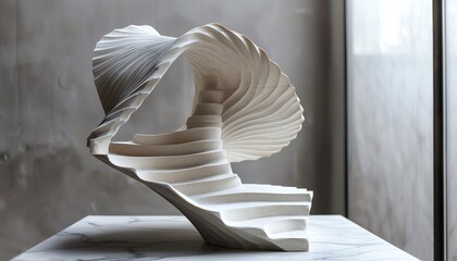 Transform the concept of a minimalist, sleek interior into a stunning clay sculpture from a unique low-angle perspective Emphasize clean lines and simplicity in the design, with a touch of artistic fl - obrazy, fototapety, plakaty