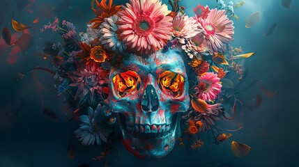 Vibrant skull adorned with a crown of colorful flowers, set against a dark, moody background for a striking contrast - obrazy, fototapety, plakaty