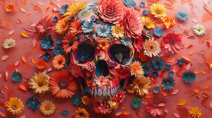 Whimsical design of a skull painted with bright floral patterns, surrounded by a halo of scattered flower petals, vibrant and lively - obrazy, fototapety, plakaty
