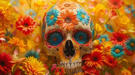 Whimsical design of a skull painted with bright floral patterns, surrounded by a halo of scattered flower petals, vibrant and lively - obrazy, fototapety, plakaty