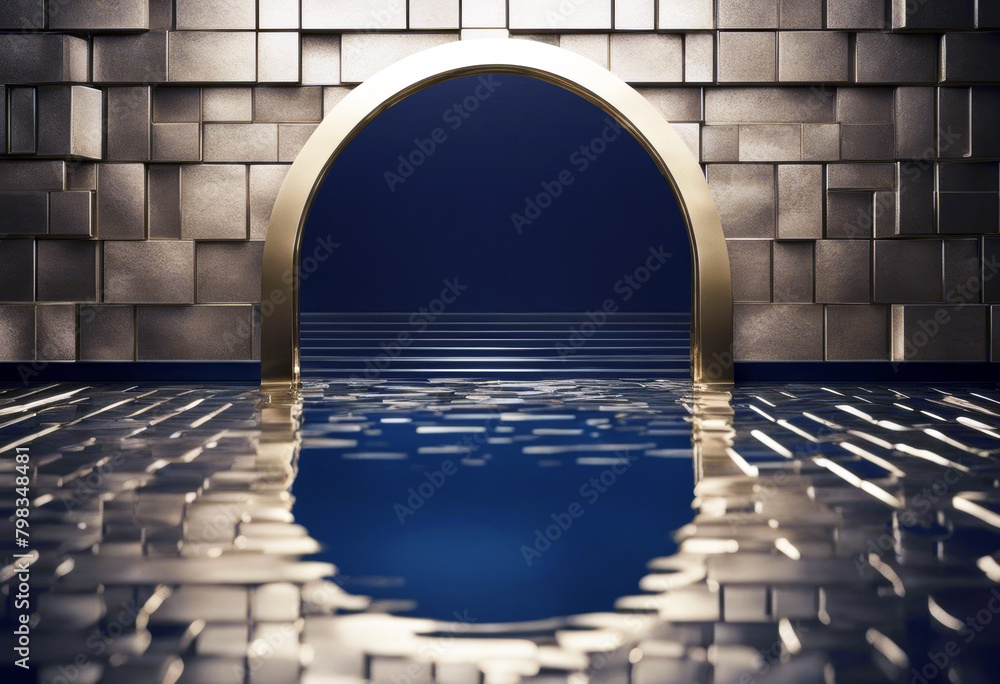 Aufkleber 'trendy floor platform 3d background golden empty product minimal wet reflection cobblestones abstra