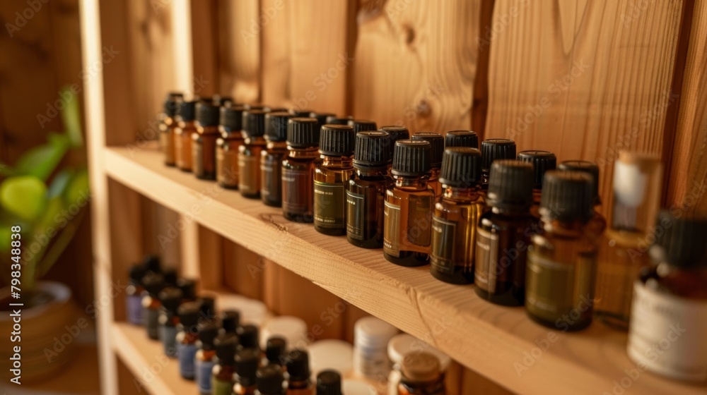 Poster an array of healing essential oils sit on a shelf near the entrance of the sauna providing a gentle 