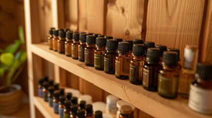 An array of healing essential oils sit on a shelf near the entrance of the sauna providing a gentle scent and added benefits for sauna users..