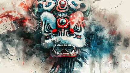 front view,colorful ink and wash painting style,close up,chinese lion dance,Fierce gaze