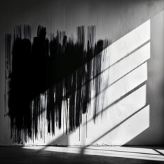 A wall with a large, dark painting or drawing on it, which casts shadows on the floor and creates a dramatic effect.