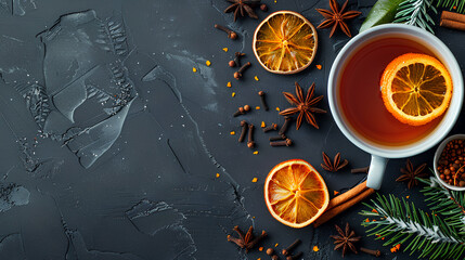 Cup of aromatic tea with spices, herbs, dried fruit orange slices. Top view