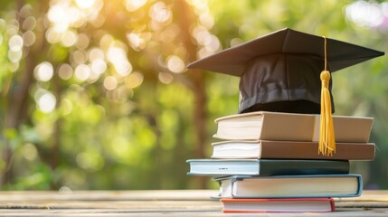 Graduation hat and pile of books on a wooden table with a background of green leaves exposed to sunlight bokeh