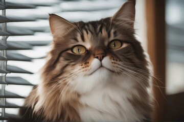 Obraz premium 'cat blinds looking window blind felino cute furry pedigreed fur kitten venetian hiding trained playful beautiful domestic naughty purebred pet pretty pampered peeping sunlight curious depressed sad'