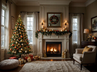 A cozy living room interior features a fireplace with festive decorations and a Christmas tree adorned with lights