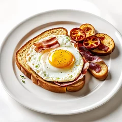 Fotobehang A plate of food, which includes a fried egg with bacon and tomatoes on toast, accompanied by two slices of bread. © Aleksei Solovev
