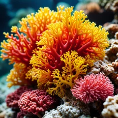 Fotobehang A vibrant underwater scene with various coral formations, including red and yellow corals, set against the backdrop of the ocean floor. © Aleksei Solovev