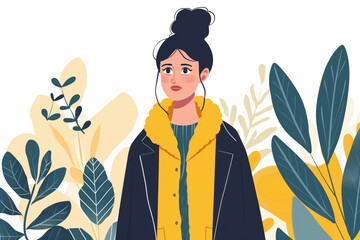 Illustration of an elegant woman wearing yellow and black stands in front of foliage and plants, wearing an oversized coat with her hair in a bun hairstyle, against a white background