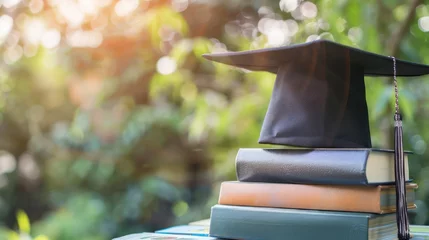 Fotobehang Graduation hat and pile of books on a wooden table with a background of green leaves exposed to sunlight bokeh © jongaNU