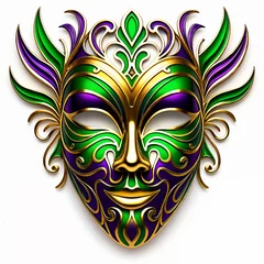 Fotobehang A vibrant and intricately designed mask with purple, green, and gold colors, set against a plain background. © Aleksei Solovev