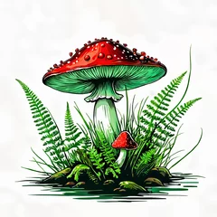 Fotobehang A vibrant red mushroom with white spots, surrounded by lush green ferns and other plants, set against a white background. © Aleksei Solovev