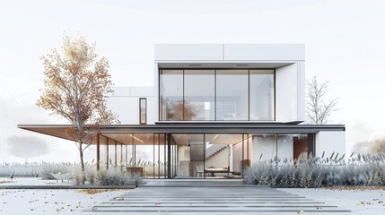 Describe an illustration featuring a sleek modern house presented in 3D against a white backdrop