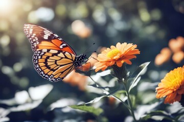 'beautiful sitting butterfly flower garden summer insect monarch nature orange wing macro beauty...