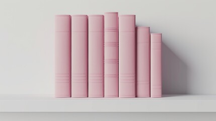 Arrange the pile of pink books on the shelf. Position the books in a natural, slightly uncluttered way. Place the shelf against a clean, white background to make the colors and details of the books 