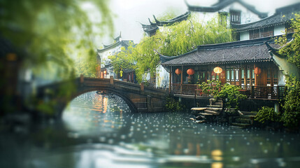 A vivid, miniature scene of a Jiangnan water town, using tilt-shift photography to emphasize a small bridge, stream, residential area, and teahouse by the river, in the warmth of a spring morning 
