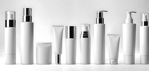 set of pile white blank cosmetic skincare container tube packaging dispenser bottle on white background cutout, Many different design Mockup template for artwork 
