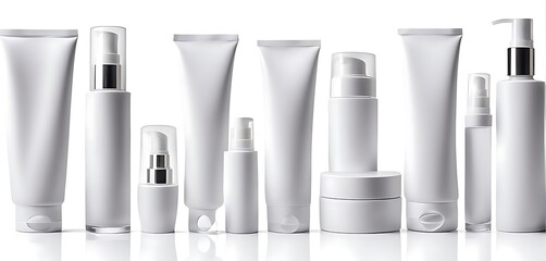 set of pile white blank cosmetic skincare container tube packaging dispenser bottle on white background cutout, Many different design Mockup template for artwork 