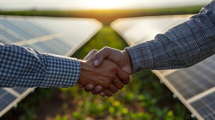 Close-up of a handshake in front of a newly signed solar energy project, financial documents in view - obrazy, fototapety, plakaty
