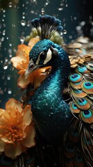 Obraz premium Vibrant peacock, a stunning display of nature's beauty, showcasing the colorful plumage and elegant presence of this majestic, a symbol of grace and elegance.