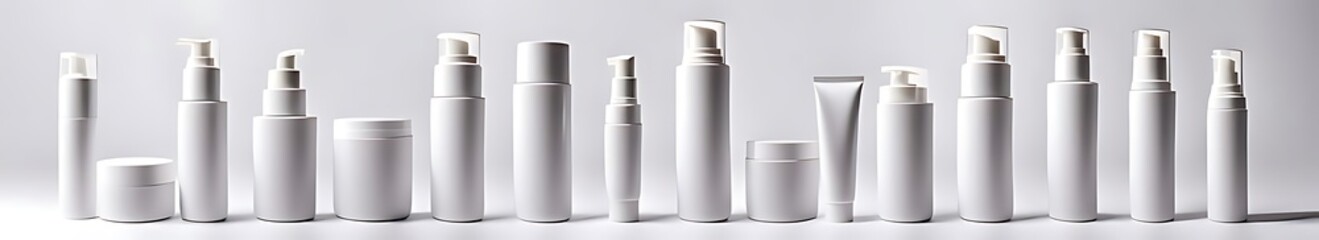  set of pile white blank cosmetic skincare container tube packaging dispenser bottle on white background cutout, Many different design Mockup template for artwork 