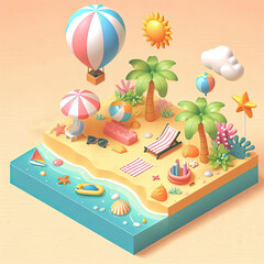 Isometric 3D Summer Holiday Social Media Post Background