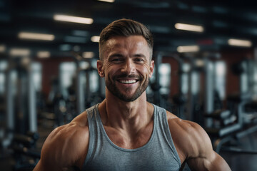 fitness sport man on blur gym background, banner concept